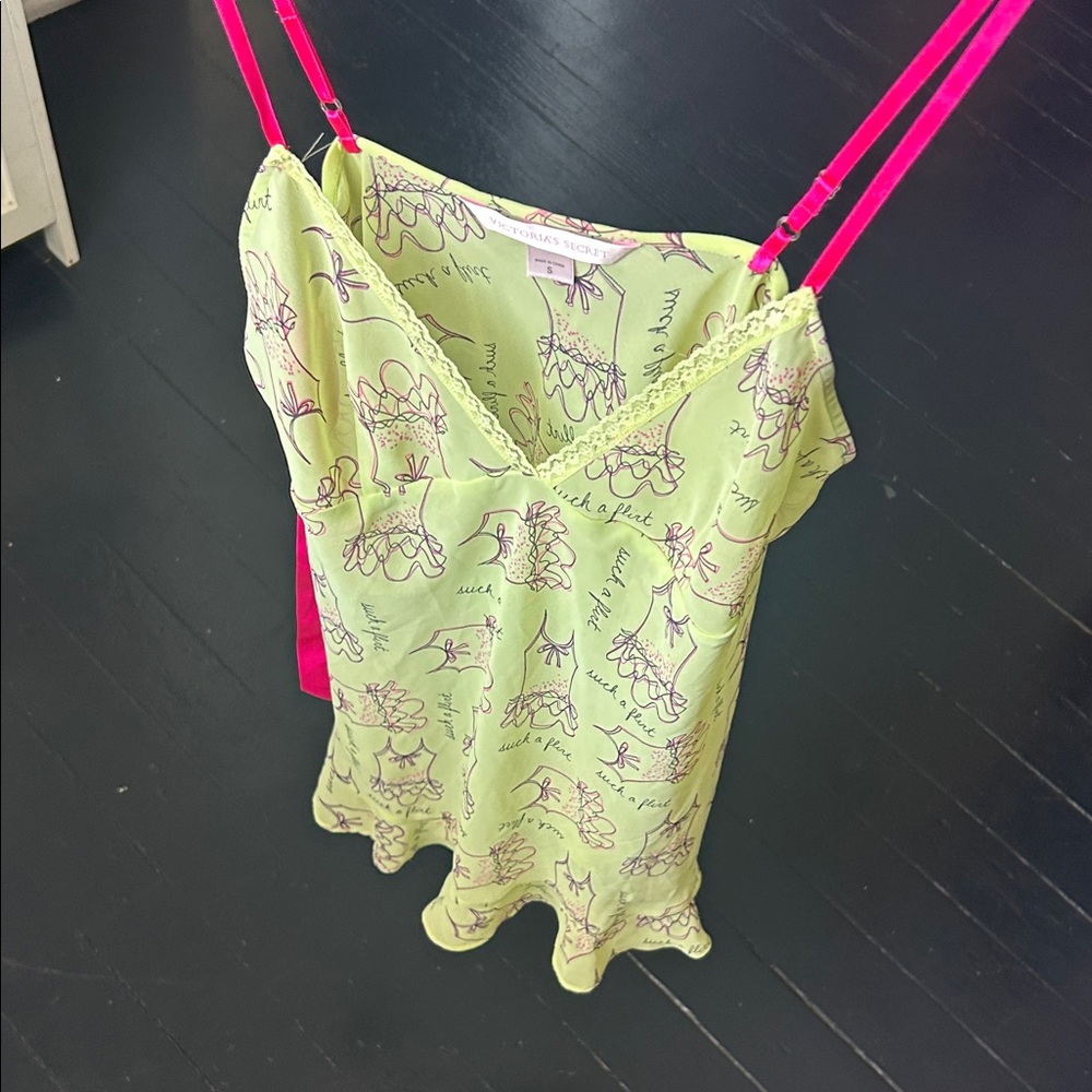 Victoria's Secret Lime Green Sheer Babydoll Top, Pink Bows